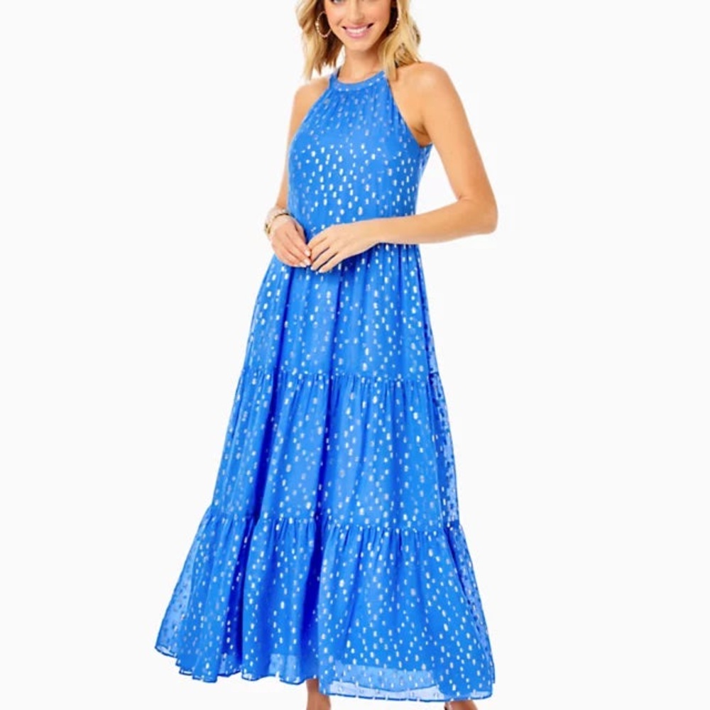 Lilly Pulitzer NWT BECCALYN MAXI DRESS, BOCA BLUE VISCOSE METALLIC CLIP DOBBY XL - Picture 2 of 5